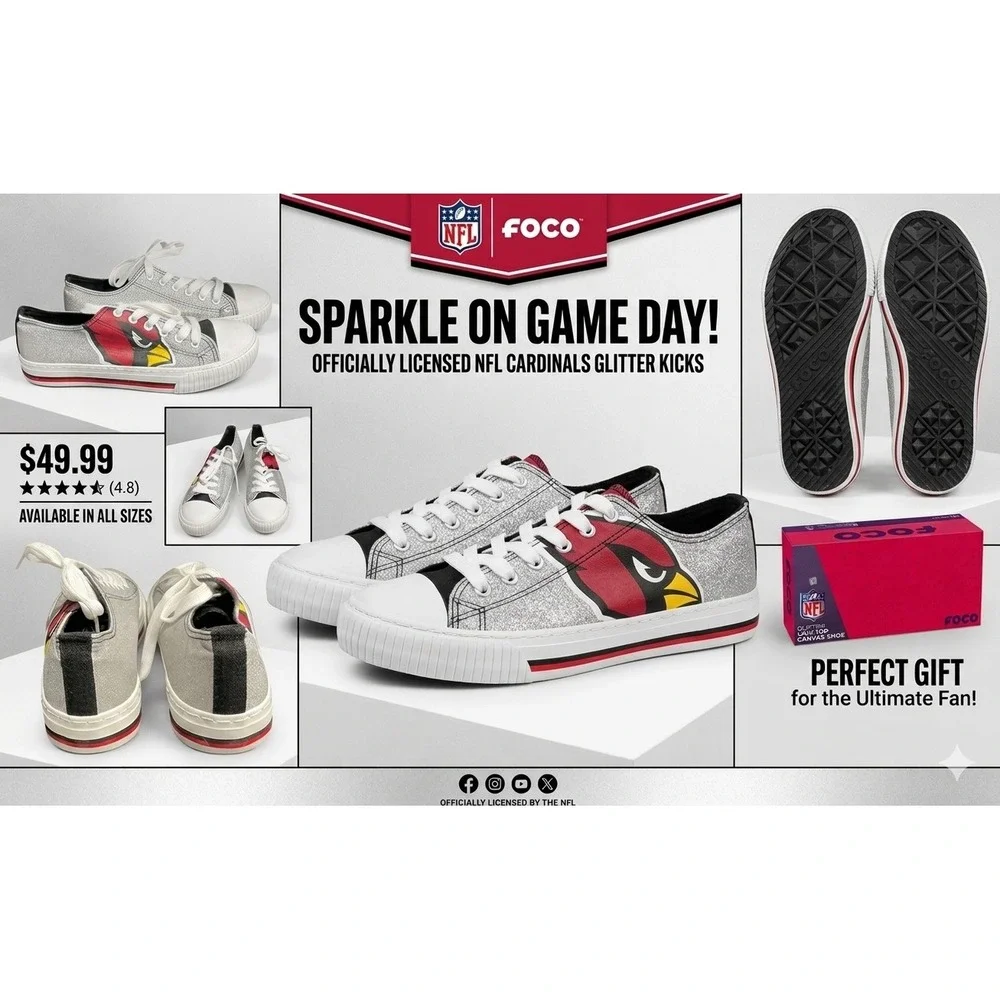 FOCO‎ NFL Arizona Cardinals Women's Size 9 Glitter Low Top Canvas Shoes Sneakers